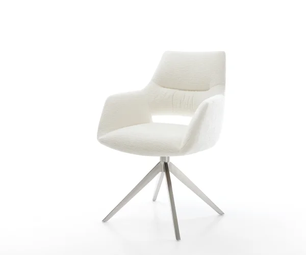 Chaise-pivotante Yago-Flex avec accoudoirs bouclé doux beige pied croisé large acier inoxydable pivotement sur 360° fonction bascule resorts ensachés