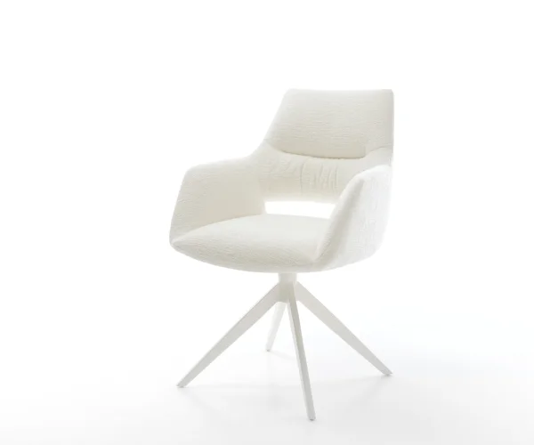 Chaise-pivotante Yago-Flex avec accoudoirs bouclé doux beige pied croisé large blanc pivotement sur 360° fonction bascule resorts ensachés