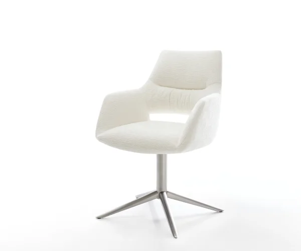 Chaise-pivotante Yago-Flex avec accoudoirs bouclé doux beige pied de chaise 4 branches acier inoxydable pivotement sur 360° fonction bascule resorts ensachés