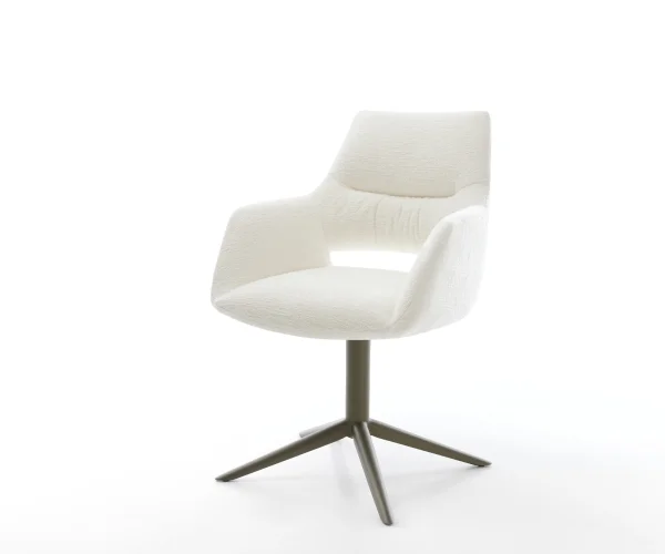 Chaise-pivotante Yago-Flex avec accoudoirs bouclé doux beige pied de chaise 4 branches aspect titane pivotement sur 360° fonction bascule resorts ensachés