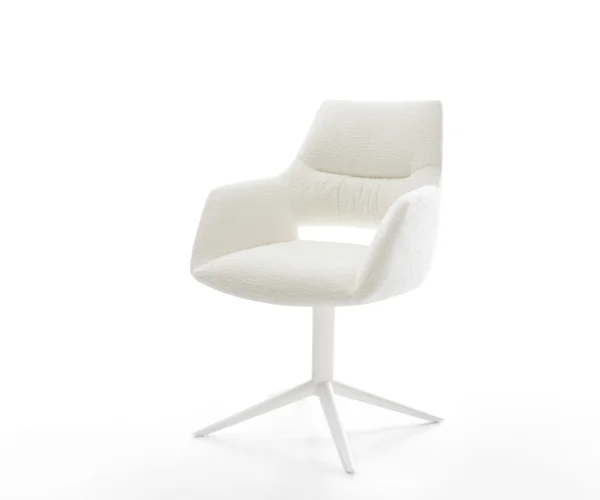 Chaise-pivotante Yago-Flex avec accoudoirs bouclé doux beige pied de chaise 4 branches blanc pivotement sur 360° fonction bascule resorts ensachés