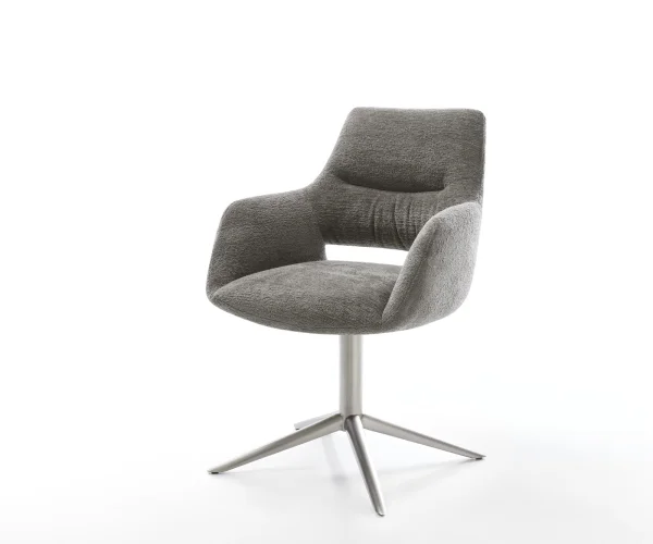 Chaise-pivotante Yago-Flex avec accoudoirs bouclé doux couleur boue pied de chaise 4 branches acier inoxydable pivotement sur 360° fonction bascule resorts ensachés