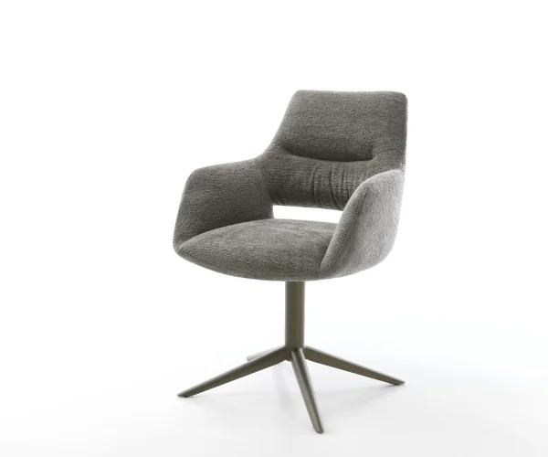 Chaise-pivotante Yago-Flex avec accoudoirs bouclé doux couleur boue pied de chaise 4 branches aspect titane pivotement sur 360° fonction bascule resorts ensachés