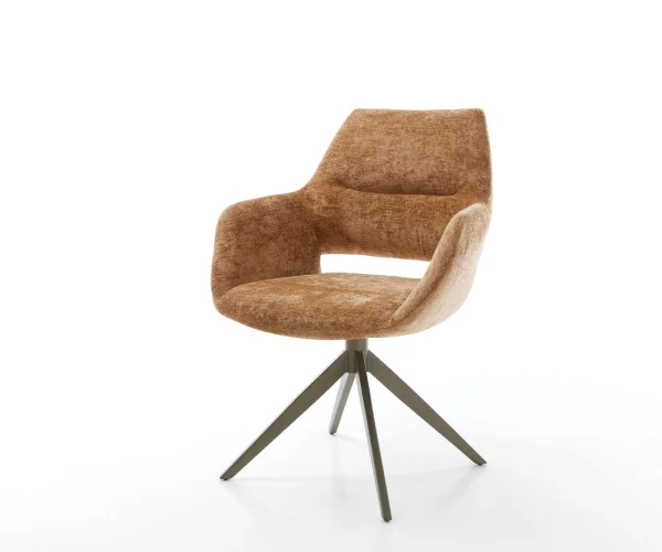 Chaise-pivotante Yago-Flex avec accoudoirs chenille rouille pied croisé large aspect titane pivotement sur 360° fonction bascule ressorts ensachés