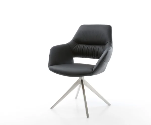 Chaise-pivotante Yago-Flex avec accoudoirs cuir de vache noir pied croisé large acier inoxydable brossé pivotement sur 360° fonction bascule ressorts ensachés