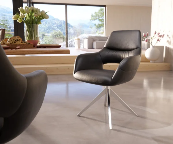 Chaise-pivotante Yago-Flex avec accoudoirs cuir véritable noir cadre croisé large acier inoxydable pivote sur 360°