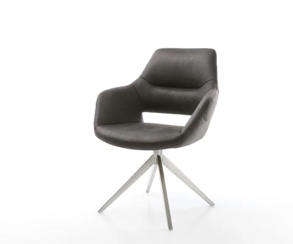 Chaise-pivotante Yago-Flex avec accoudoirs microvelours anthracite vintage pied croisé large acier inoxydable brossé pivotement sur 360° fonction bascule ressorts ensachés
