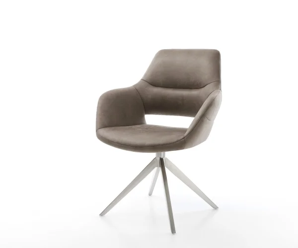 Chaise-pivotante Yago-Flex avec accoudoirs microvelours taupe vintage pied croisé large acier inoxydable brossé pivotement sur 360° fonction bascule ressorts ensachés