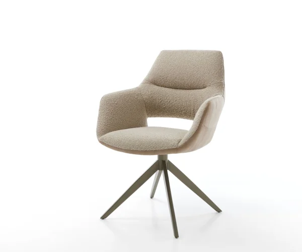 Chaise-pivotante Yago-Flex avec accoudoirs tissu mixte couleur boue pied croisé large aspect titane pivotement sur 360° ressorts ensachés