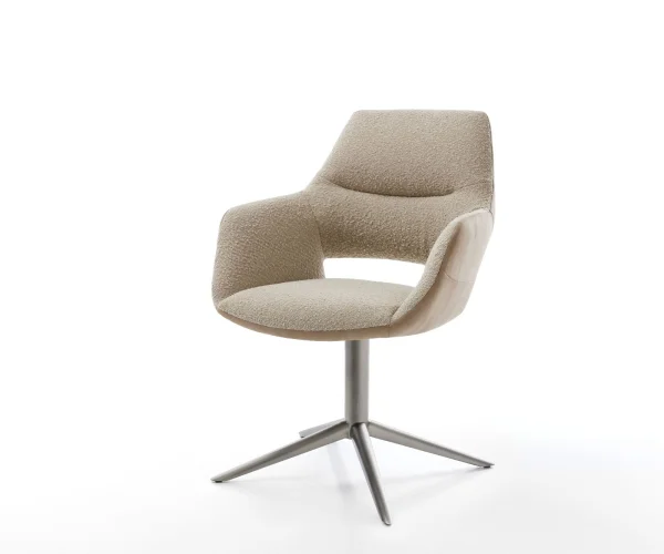 Chaise-pivotante Yago-Flex avec accoudoirs tissu mixte couleur boue pied de chaise 4 branches acier inoxydable brossé pivotement sur 360° fonction bascule ressorts ensachés