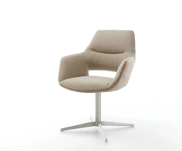 Chaise-pivotante Yago-Flex avec accoudoirs tissu mixte couleur boue pied de chaise 4 branches acier inoxydable brossé pivotement sur 360° ressorts ensachés