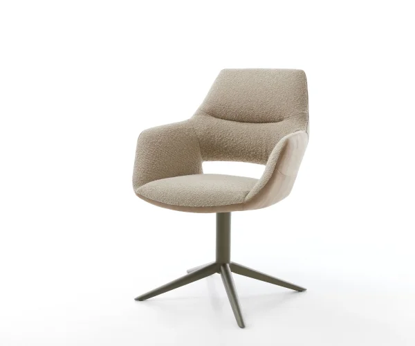 Chaise-pivotante Yago-Flex avec accoudoirs tissu mixte couleur boue pied de chaise 4 branches aspect titane pivotement sur 360° fonction bascule ressorts ensachés