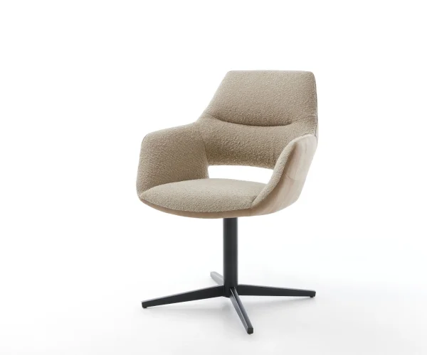 Chaise-pivotante Yago-Flex avec accoudoirs tissu mixte couleur boue pied de chaise 4 branches noir pivotement sur 360° ressorts ensachés