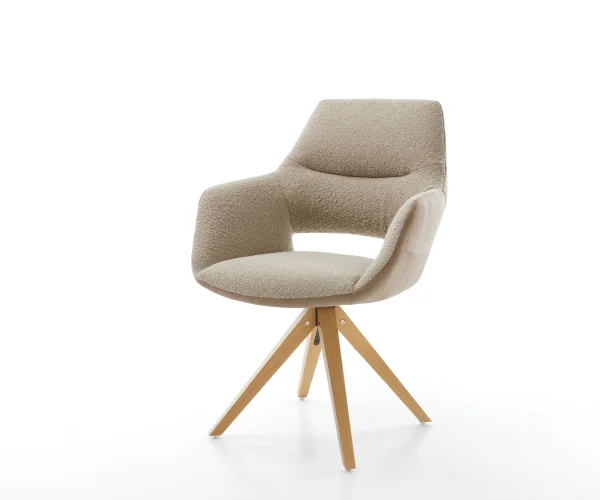 Chaise-pivotante Yago-Flex avec accoudoirs tissu mixte couleur boue pied en bois angulaire blanc pivotement sur 180° ressorts ensachés