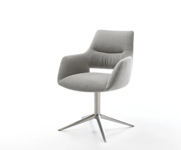Chaise-pivotante Yago-Flex avec accoudoirs tissu structuré doux gris pied de chaise 4 branches acier inoxydable pivotement sur 360° fonction bascule resorts ensachés