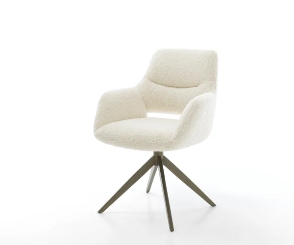 Chaise-pivotante Yago-Flex avec accoudoirs tissu teddy beige pied croisé large aspect titane pivotement sur 360° fonction bascule ressorts ensachés
