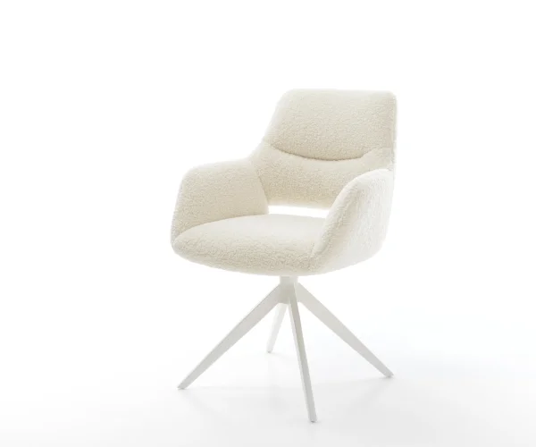 Chaise-pivotante Yago-Flex avec accoudoirs tissu teddy beige pied croisé large blanc pivotement sur 360° fonction bascule resorts ensachés