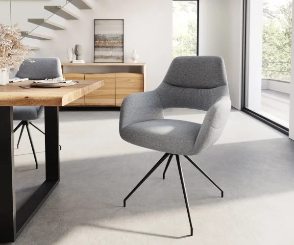 Chaise-pivotante Yago-Flex avec accoudoirs tissu texturé gris clair cadre croisé conique noir pivote sur 180°