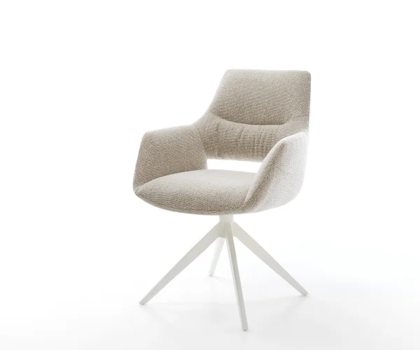 Chaise-pivotante Yago-Flex avec accoudoirs tissu tissé doux beige pied croisé large blanc pivotement sur 360° fonction bascule resorts ensachés