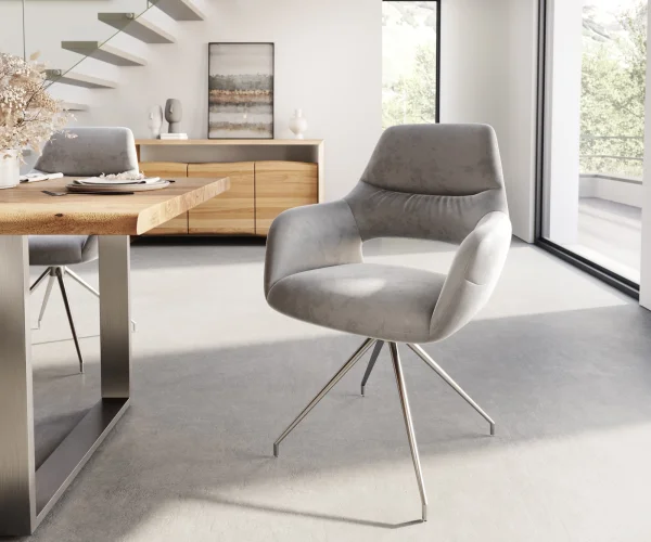 Chaise-pivotante Yago-Flex avec accoudoirs velours gris cadre croisé conique acier inoxydable pivote sur 180°