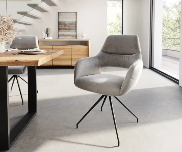 Chaise-pivotante Yago-Flex avec accoudoirs velours gris cadre croisé conique noir pivote sur 180°