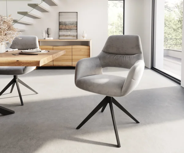 Chaise-pivotante Yago-Flex avec accoudoirs velours gris cadre croisé large noir pivote sur 360°