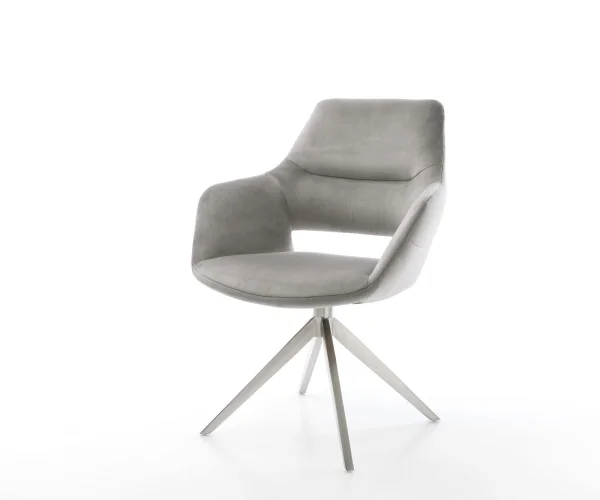 Chaise-pivotante Yago-Flex avec accoudoirs velours gris pied croisé large acier inoxydable brossé pivotement sur 360° fonction bascule ressorts ensachés
