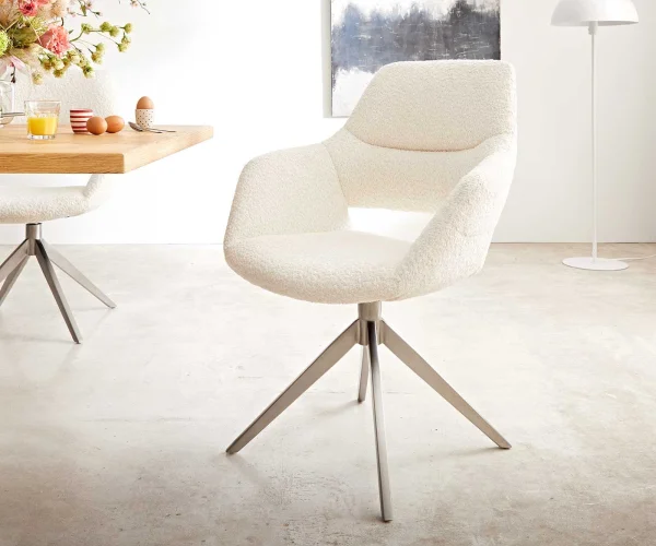 Chaise-pivotante Yago-Flex XL avec accoudoirs bouclé blanc pied croisé large acier inoxydable brossé pivotement sur 360°