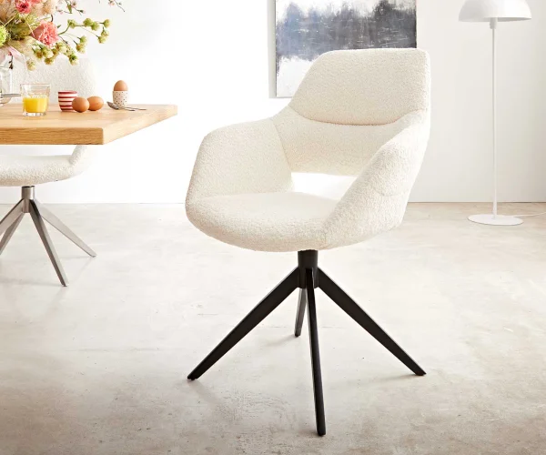 Chaise-pivotante Yago-Flex XL avec accoudoirs bouclé blanc pied croisé large noir pivotement sur 360°
