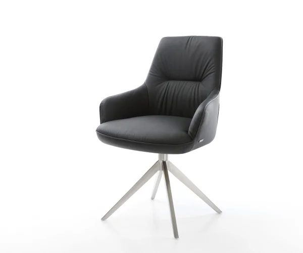 Chaise-pivotante Zelia-Flex avec accoudoirs cuir de vache noir pied croisé large acier inoxydable brossé pivotement sur 360° fonction bascule ressorts ensachés