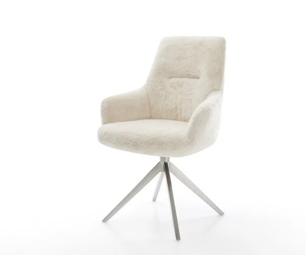 Chaise-pivotante Zelia-Flex avec accoudoirs peluche crème-blanc pied croisé large acier inoxydable pivotement sur 360° fonction bascule resorts ensachés