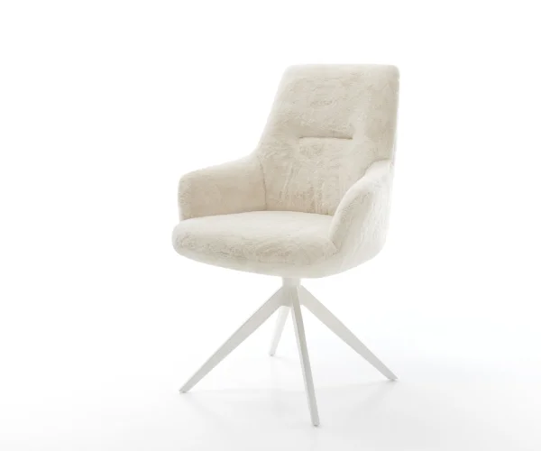 Chaise-pivotante Zelia-Flex avec accoudoirs peluche crème-blanc pied croisé large blanc pivotement sur 360° fonction bascule resorts ensachés