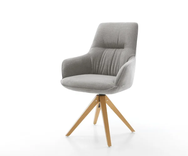 Chaise-pivotante Zelia-Flex avec accoudoirs tissu structuré doux gris pied en bois angulaire naturel pivotement sur 180° resorts ensachés