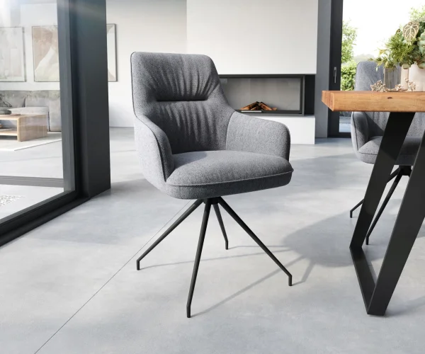 Chaise-pivotante Zelia-Flex avec accoudoirs tissu texturé gris clair cadre croisé conique noir pivote sur 180° ressorts ensachés