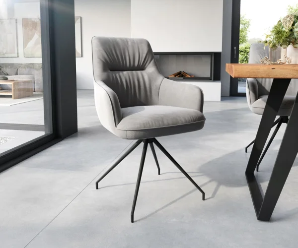 Chaise-pivotante Zelia-Flex avec accoudoirs velours gris cadre croisé conique noir pivote sur 180° ressorts ensachés