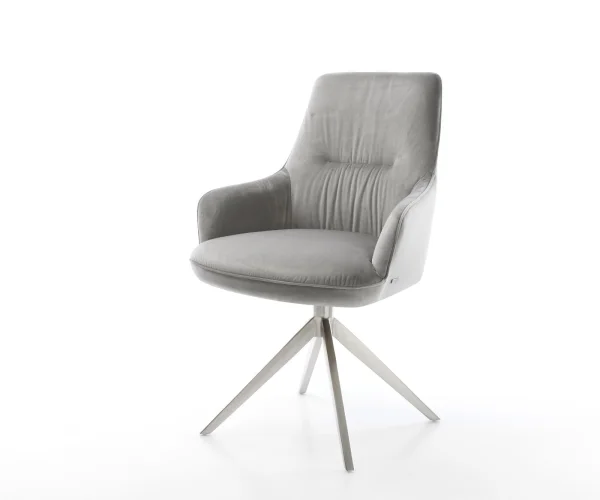 Chaise-pivotante Zelia-Flex avec accoudoirs velours gris pied croisé large acier inoxydable brossé pivotement sur 360° fonction bascule ressorts ensachés