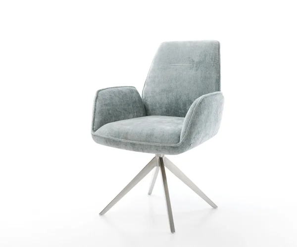 Chaise-pivotante Zoa-Flex chenille bleu pastel pied croisé large acier inoxydable brossé pivotement sur 360° fonction bascule ressorts ensachés