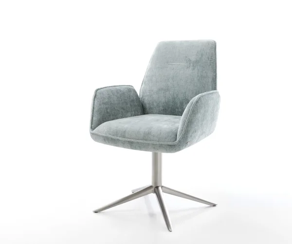 Chaise-pivotante Zoa-Flex chenille bleu pastel pied de chaise 4 branches acier inoxydable brossé pivotement sur 360° fonction bascule ressorts ensachés