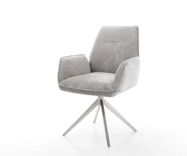 Chaise-pivotante Zoa-Flex chenille gris argenté pied croisé large acier inoxydable brossé pivotement sur 360° fonction bascule ressorts ensachés
