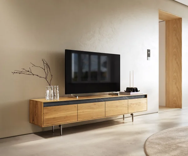 Designer-meuble-TV Stonegrace 200 cm Chêne Naturel Ardoise 4 tiroirs Pied Ovale Acier inoxydable