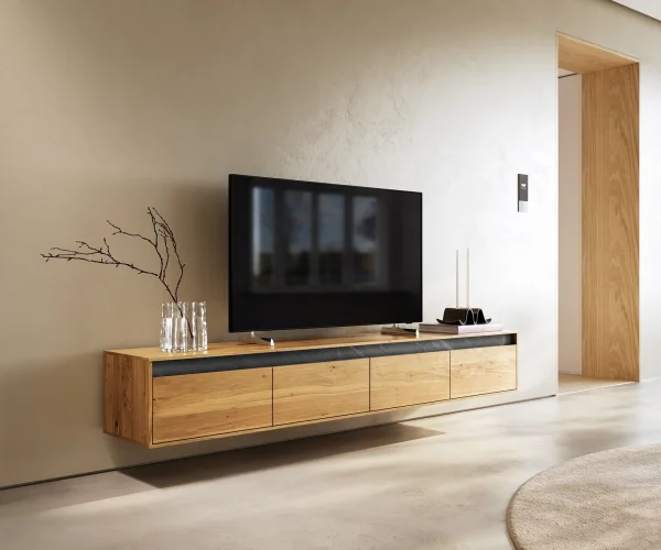 Designer-meuble-TV Stonegrace 200 cm Chêne Naturel Ardoise 4 tiroirs Suspendu
