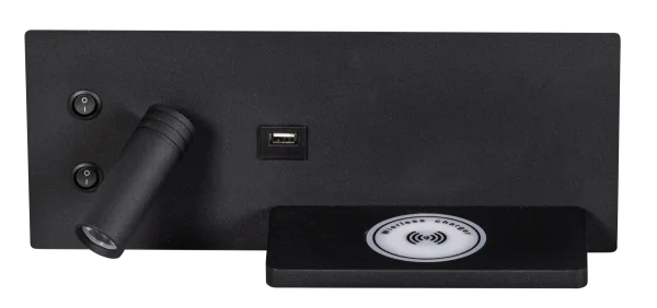 ETH Nighty Left - applique murale avec double interrupteur et chargeur USB et sans fil - 30 x 12 cm - 7W LED inclus - noir