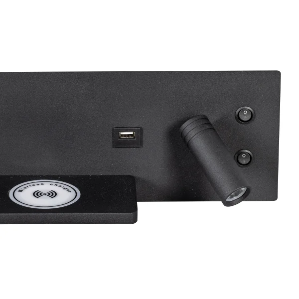 ETH Nighty Right - applique murale avec double interrupteur et chargeur USB et sans fil - 30 x 12 cm - 7W LED inclus - noir