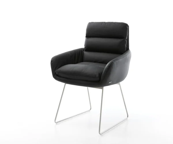 Fauteuil Abelia-Flex avec accoudoirs cuir véritable noir cadre patin acier inoxydable