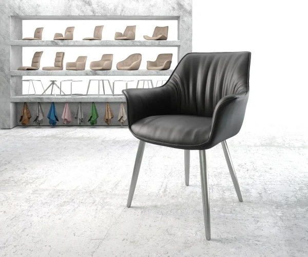 Fauteuil Keila-Flex avec accoudoirs cuir véritable noir 4-pieds conique acier inoxydable