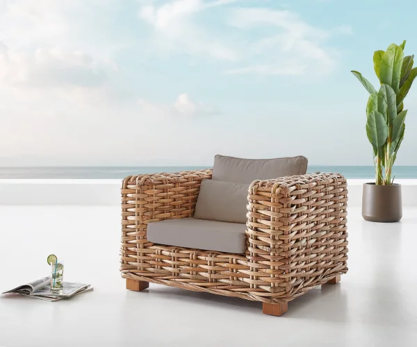 Fauteuil-Lounge Nizza rotin naturel avec coussins marron