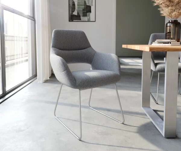 Fauteuil Yago-Flex avec accoudoirs tissu texturé gris clair cadre patin acier inoxydable