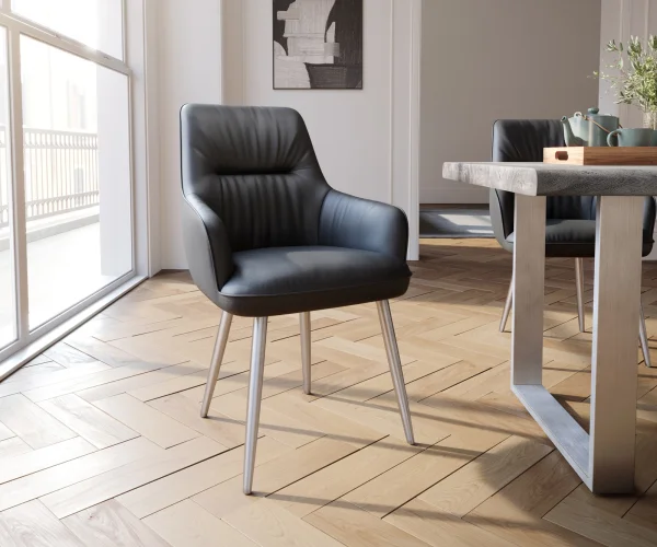 Fauteuil Zelia-Flex avec accoudoirs cuir véritable noir 4-pieds conique acier inoxydable ressorts ensachés