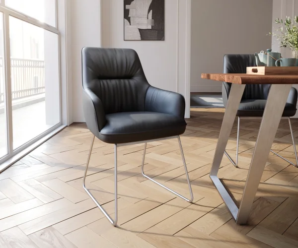 Fauteuil Zelia-Flex avec accoudoirs cuir véritable noir cadre patin acier inoxydable ressorts ensachés