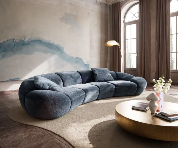 Grand canapé Lunna 360x175 cm chenille bleu 2 coussins